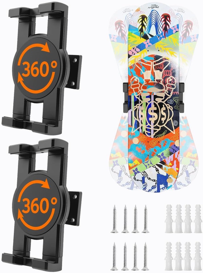 DYAUS 2 Packs Skateboard Wall Mount, 360° Adjustable Skate Board Wall Mounts, Rotating Skateboard Hanger, Extending Skateboard Rack, Floating Skate Deck Wall Mount Display, Black - Image 1